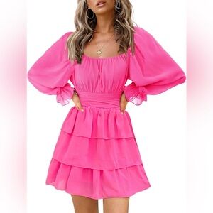 XL Hot Pink Tiered Puff-Sleeve Midi Dress Open Back